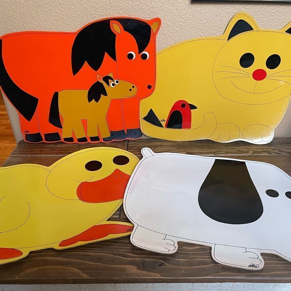Stotter Vintage 1970’s Animal Placements Cat Dog Horse Duck set of 4